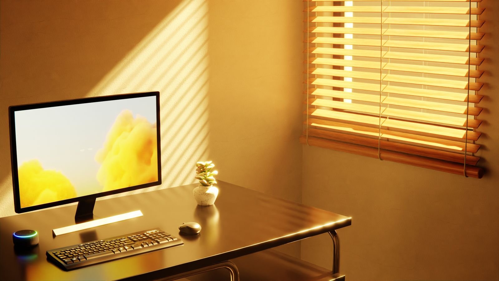 A desk with a monitor beside a window, late sun coming through half-open blinds and throwing striped light across the wall