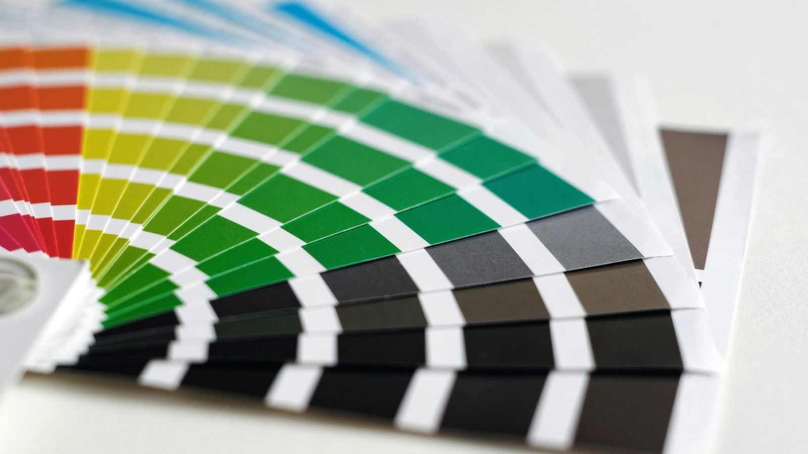 A fanned-out set of color swatch cards showing a gradient from orange through green to black