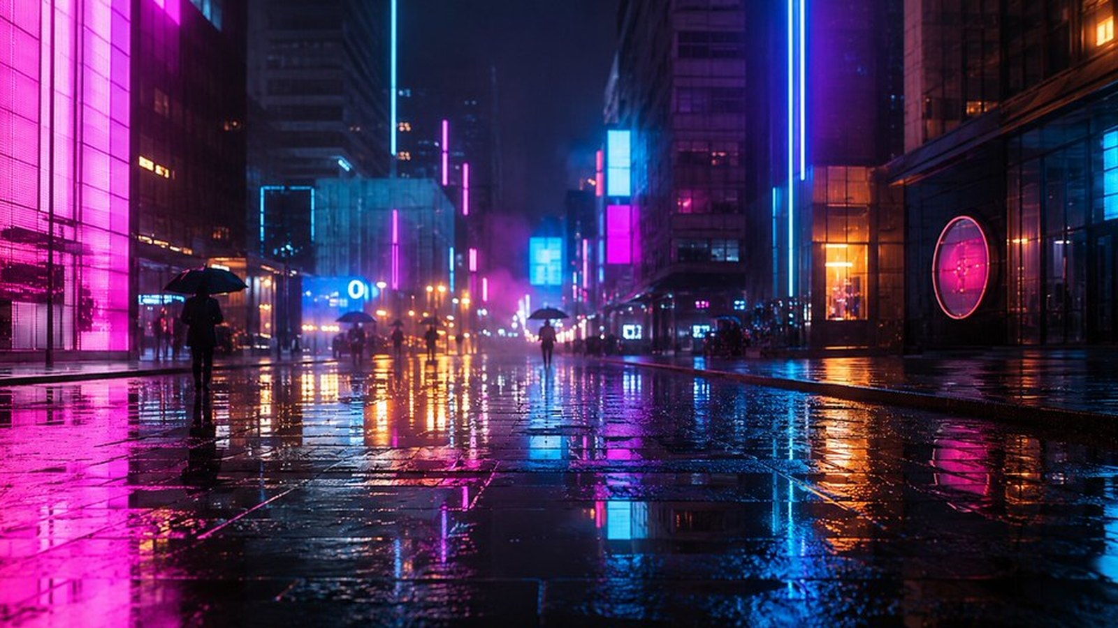 Rain-slicked city street at night lit by magenta and cyan neon signs, with a single silhouetted figure holding an umbrella