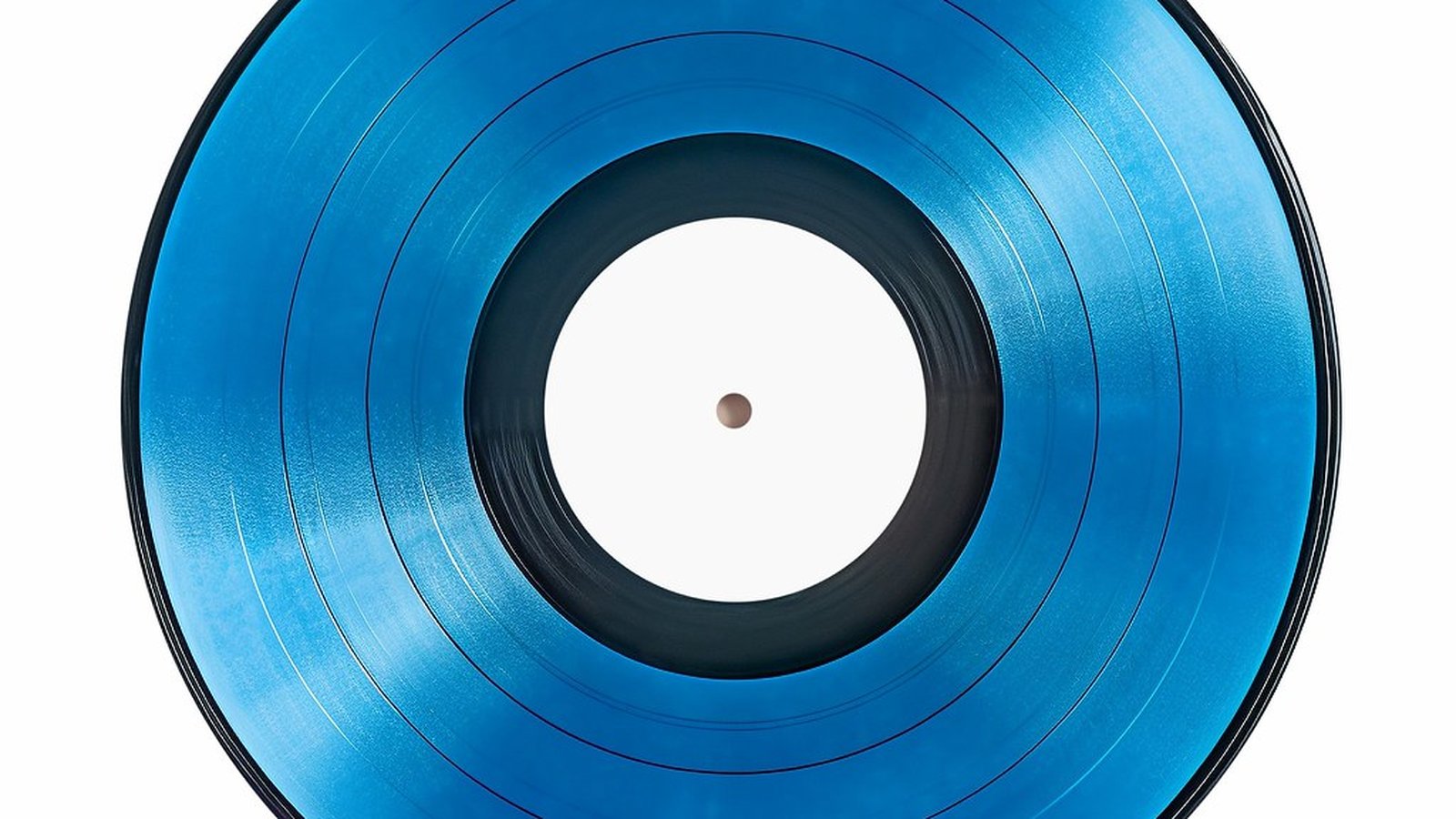 Overhead close-up of a blank blue vinyl record with a plain white label