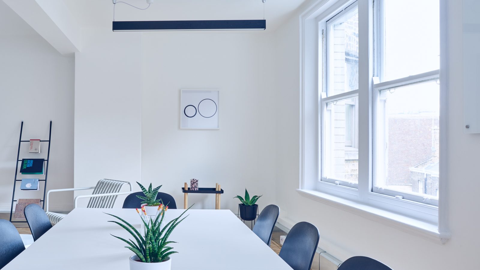 A bright white room with a long white table, dark chairs and tall windows