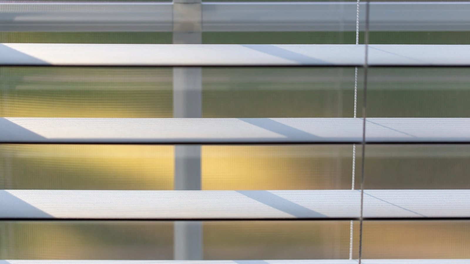 Close-up of white venetian window blinds with warm afternoon sunlight glowing through the slats