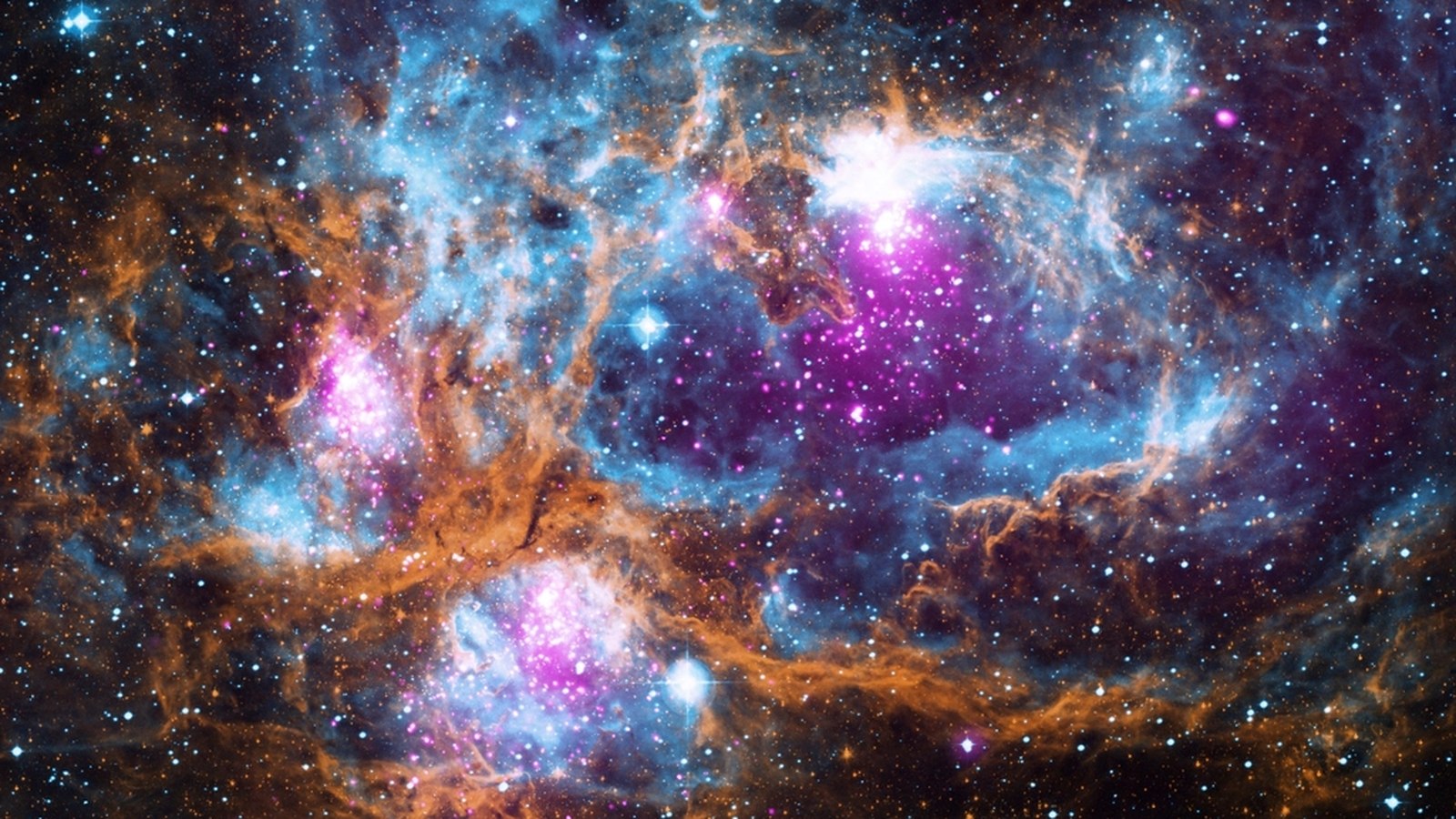Dense composite deep-space image of magenta and violet star-forming clouds against blue nebula gas, threaded with orange dust filaments