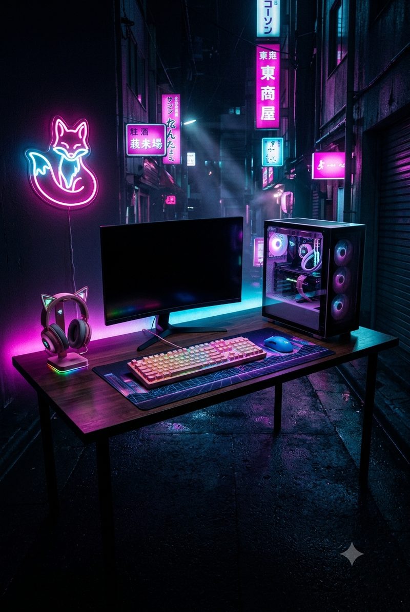 A desk standing in a neon alley, with a creamy pink keyboard, a blue mouse and a pink fox neon sign