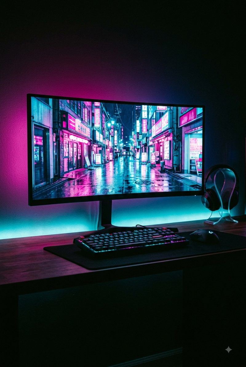 A dim desk lit by a monitor showing a neon alley, with a bright pink keyboard and a quartz pink mouse