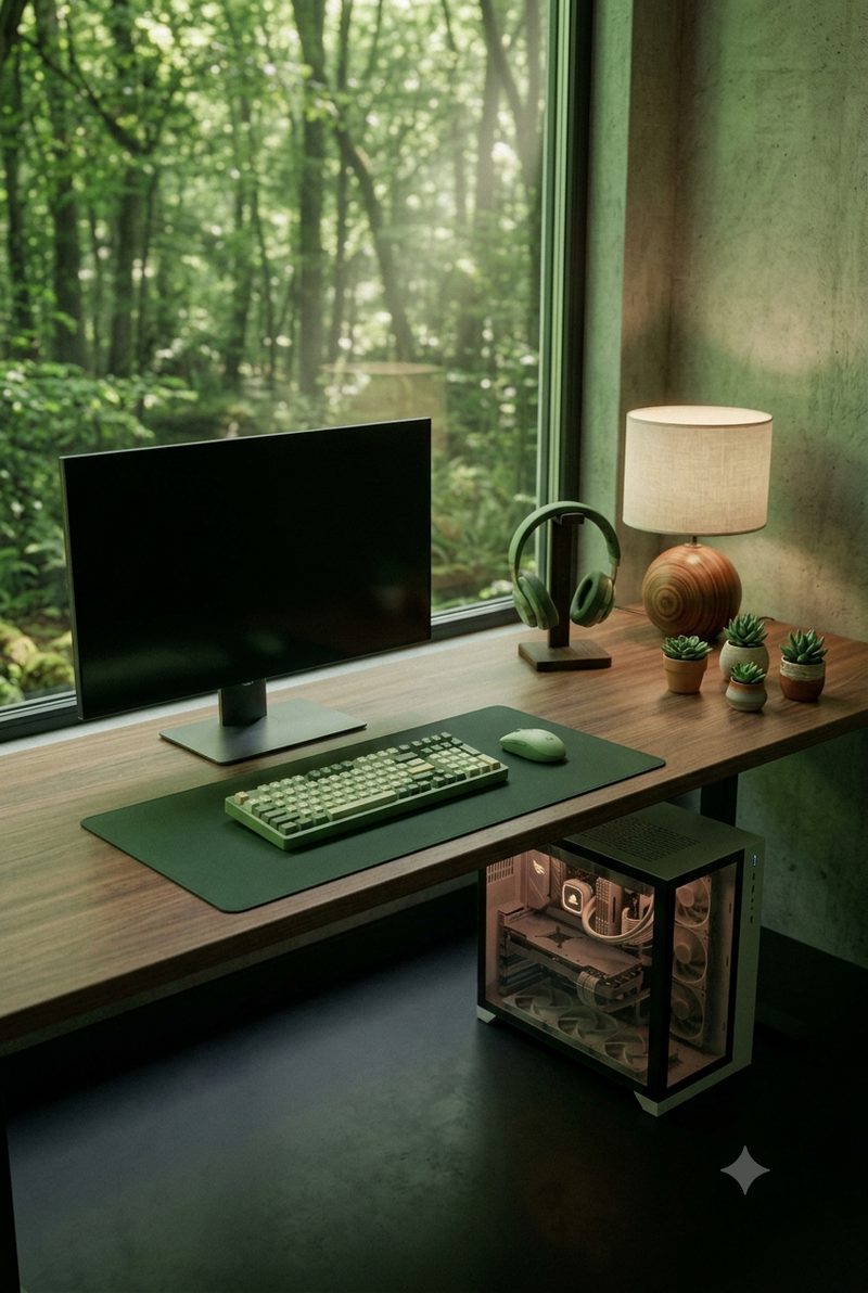 A desk beside a window onto a forest, with a matcha green keyboard, a wood grain lamp and small succulents