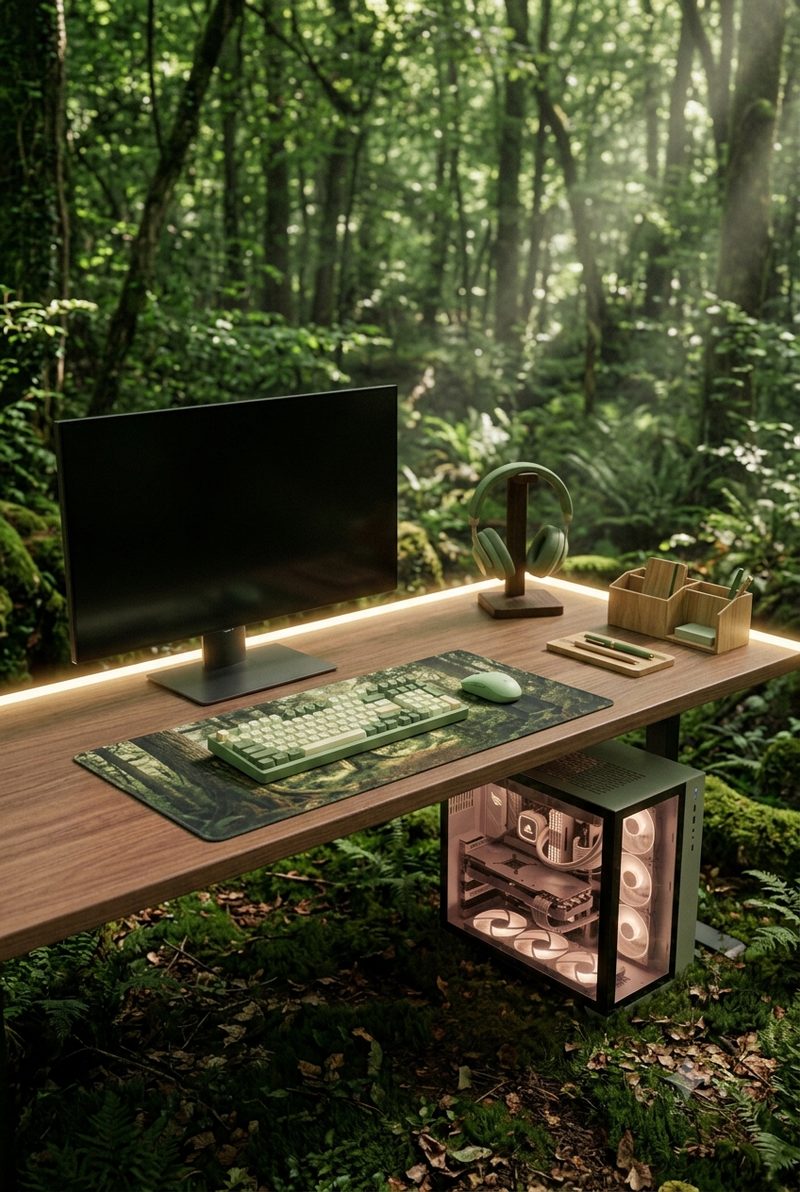 A desk standing in a green forest, with a matcha green keyboard, a matching mouse and a wood organizer