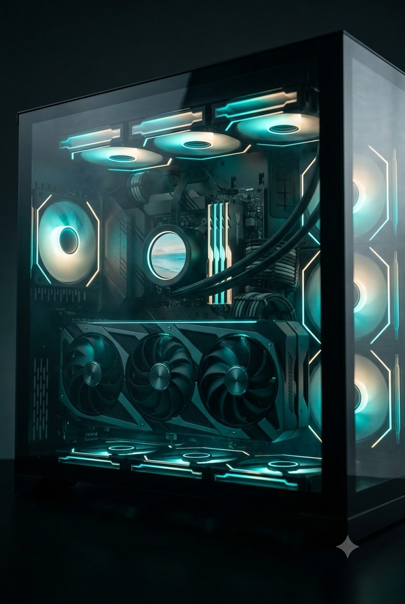 The inside of a black PC case lit teal, with a triple fan graphics card
