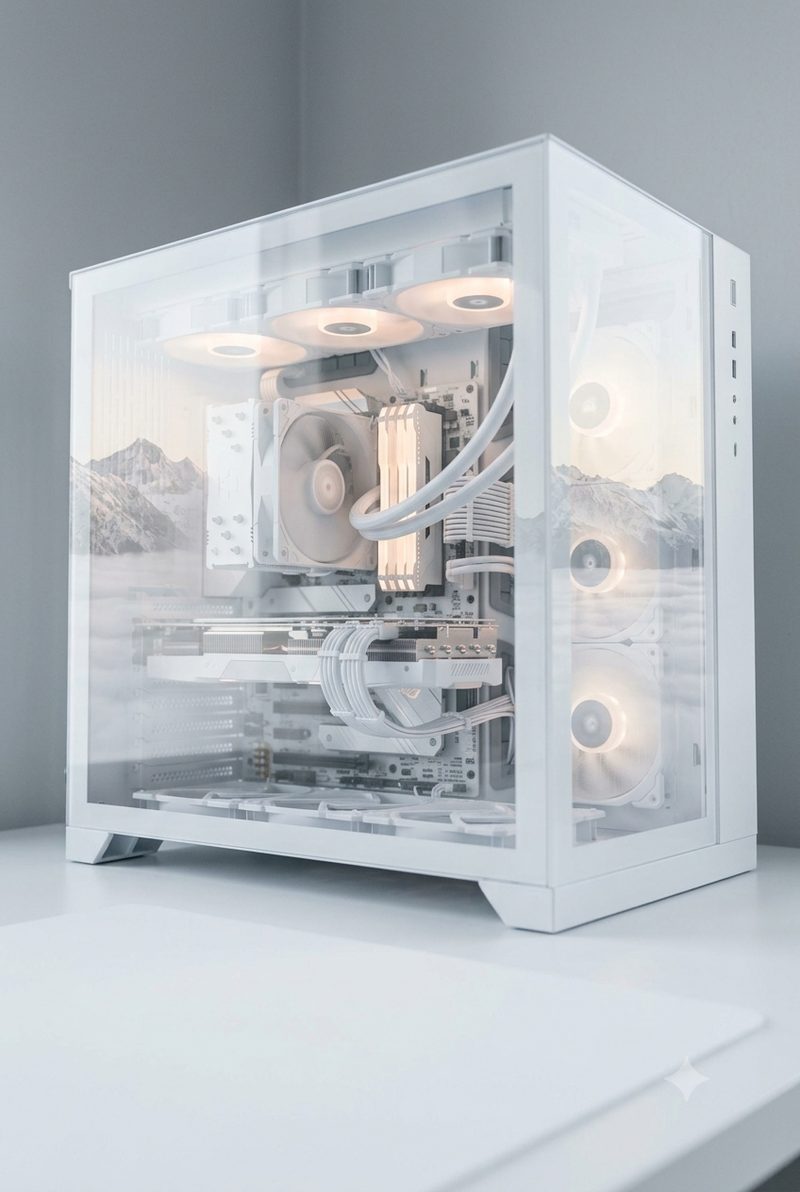 The inside of an all white PC case in a bright room, every component white