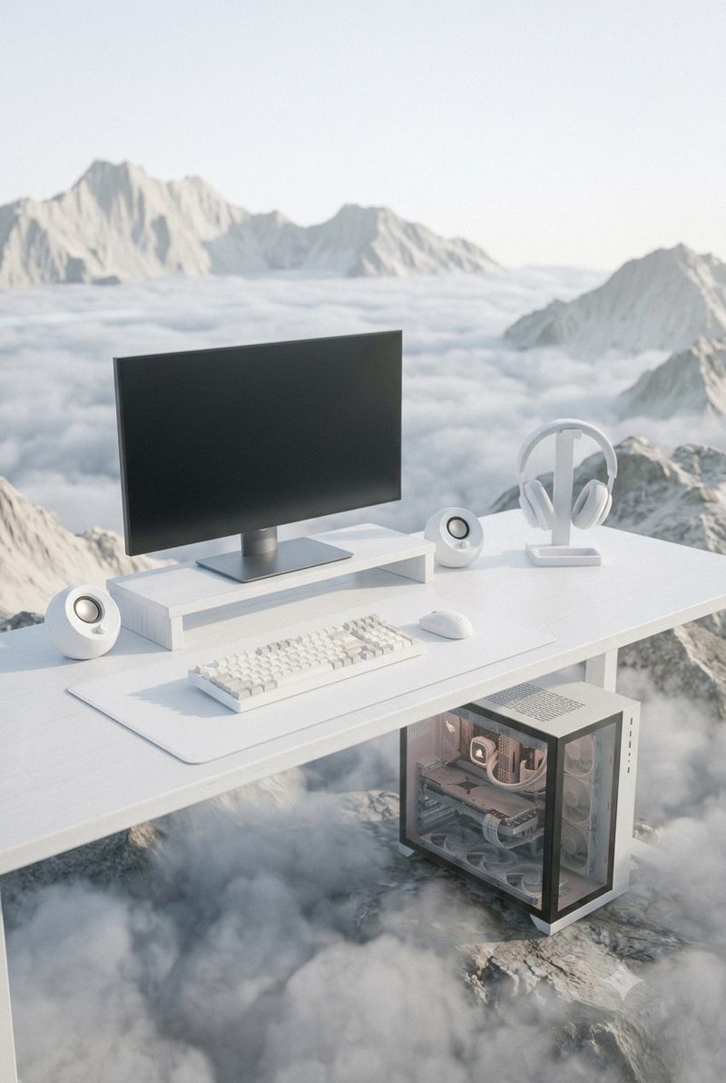 An all white desk above a sea of cloud, with a white keyboard, a monitor riser, a headphone stand and small speakers