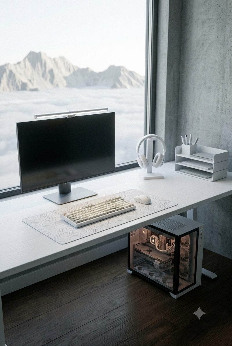 A white desk beside a window onto pale mountains, with a white keyboard, a white mouse and a contour printed mat
