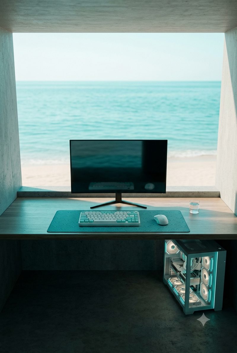 A desk on an open balcony facing the sea, with a light blue keyboard, a matching mouse and a deep blue wave mat
