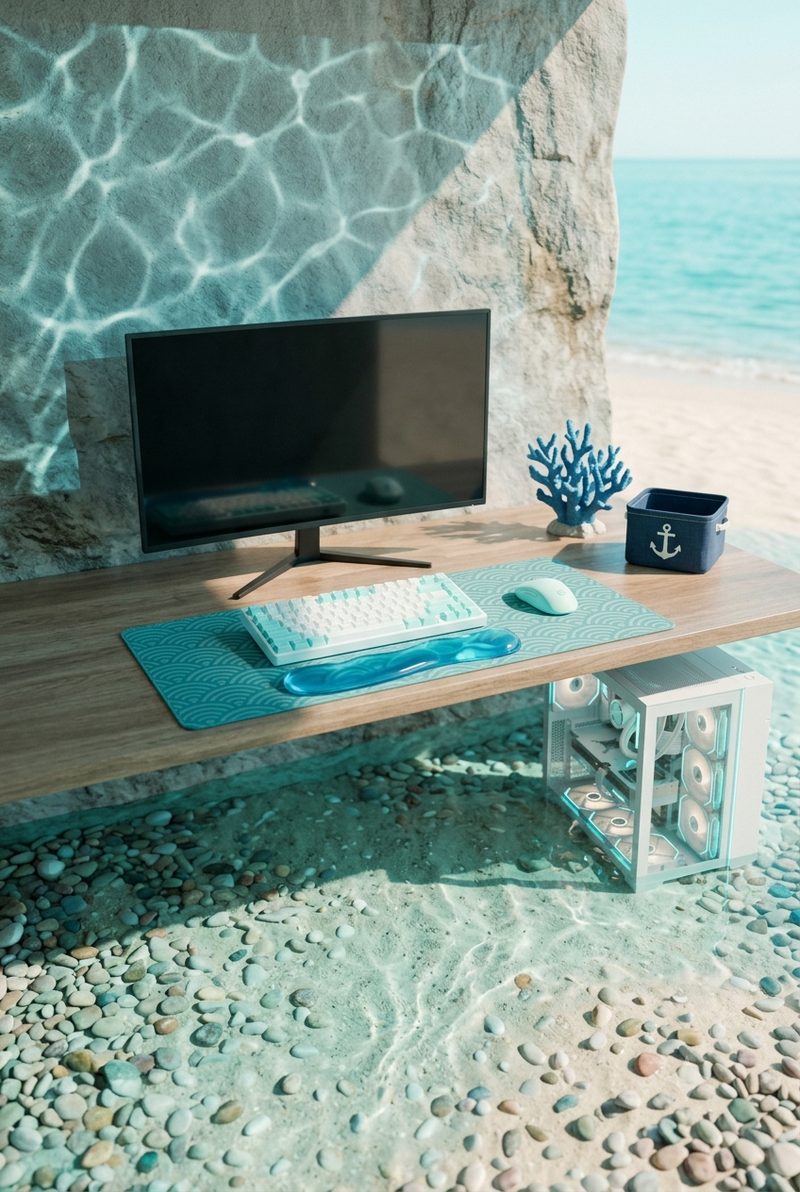 A desk standing in shallow turquoise water over pebbles, with a glacier blue keyboard, a mint mouse and a blue coral piece
