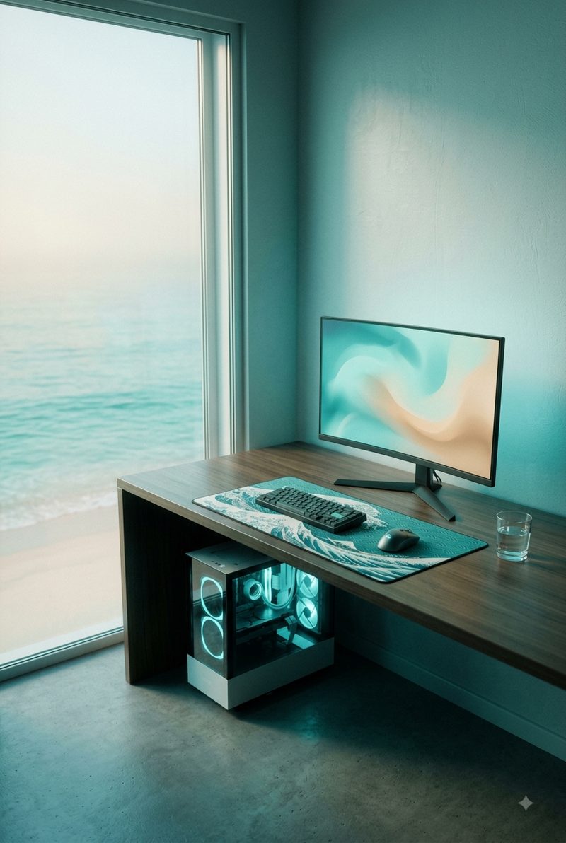A desk beside a window onto a turquoise sea, with a pale ice blue keyboard, a sand colored mouse and a wave printed mat