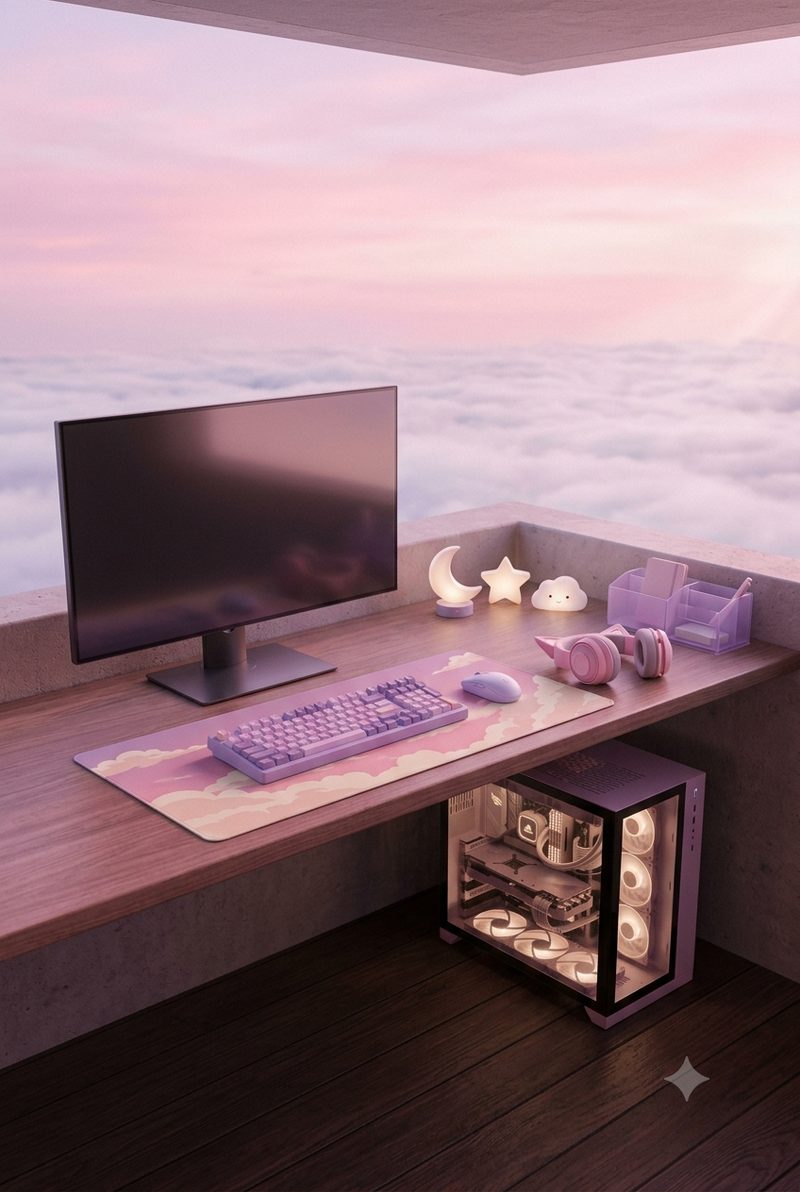A desk on an open terrace above pink clouds, with a soft purple keyboard, a lilac mouse and moon and star night lights