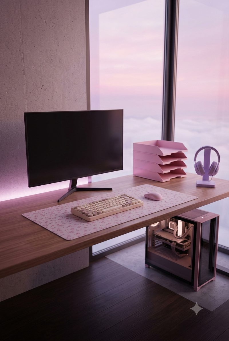 A desk beside a window onto a pink and lilac sky, with a soft beige keyboard, a pink mouse and a floral mat