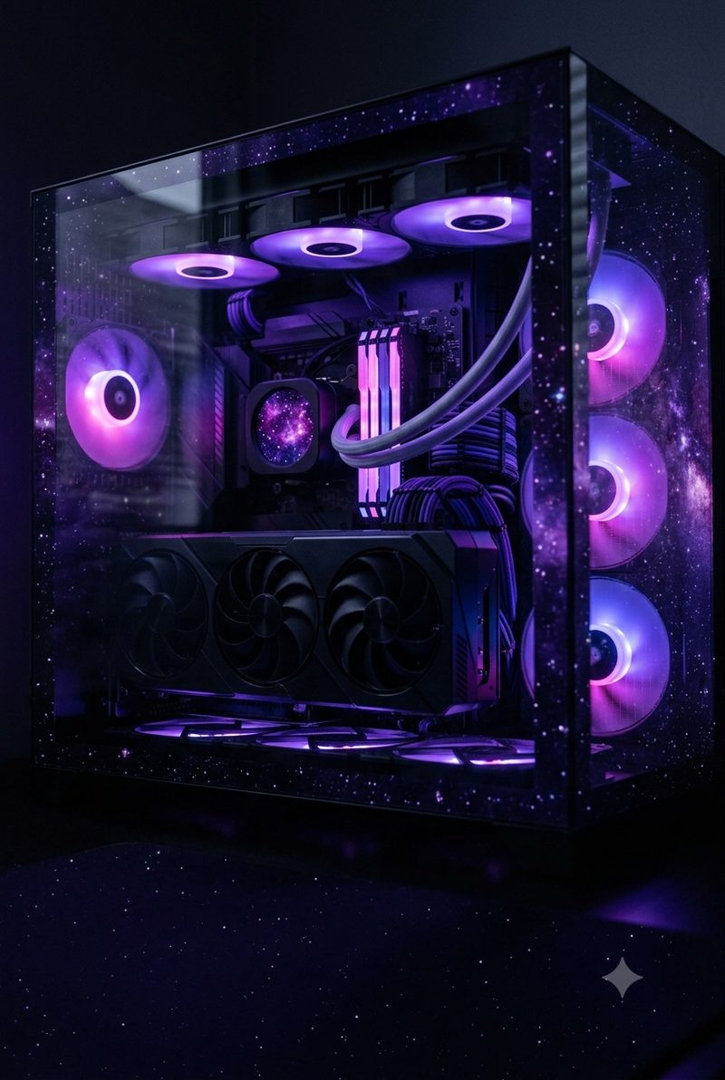 The inside of a black PC case lit violet, with a nebula reflected across the glass