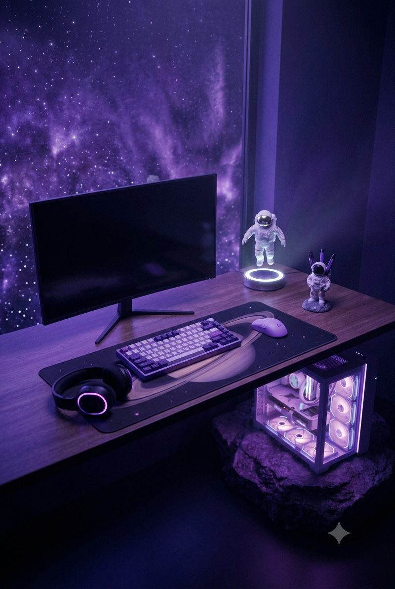 A desk beside a window onto a nebula, with a purple and white keyboard, a lilac mouse and a floating astronaut lamp
