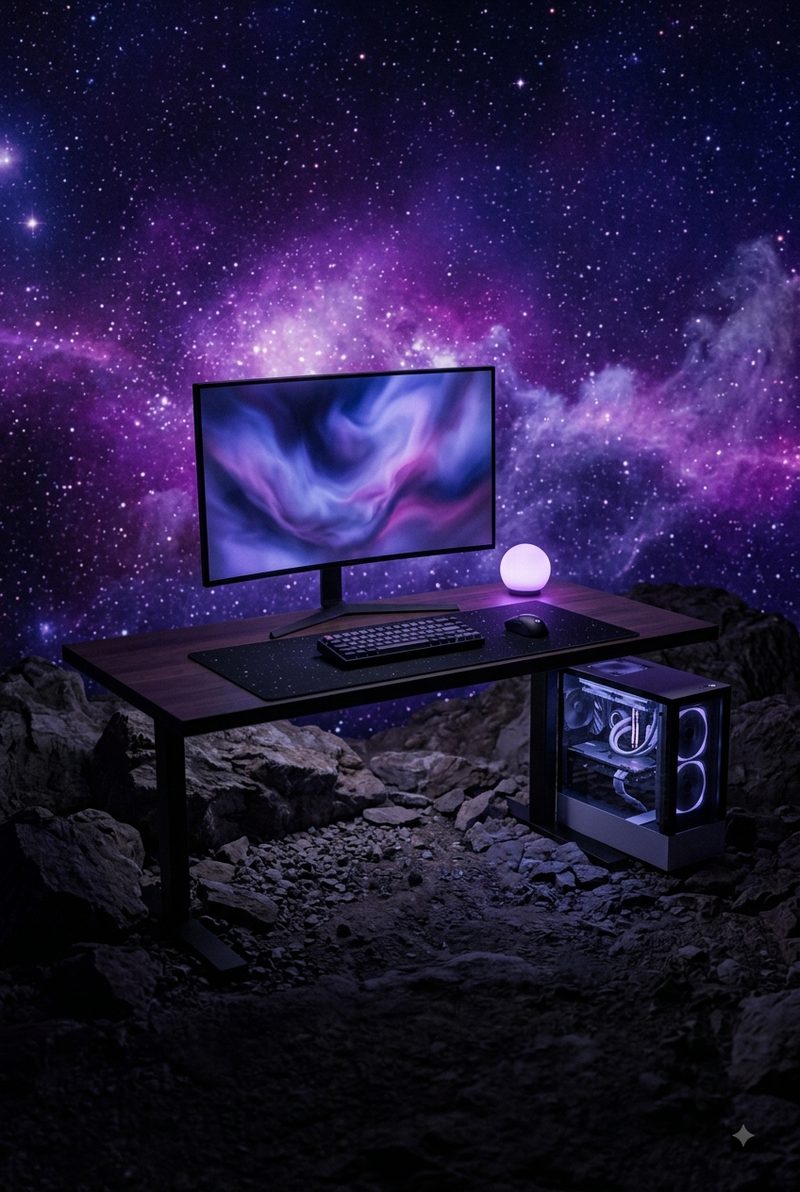 A desk set inside a violet nebula, with a deep purple keyboard, a matching mouse and a galaxy printed mat
