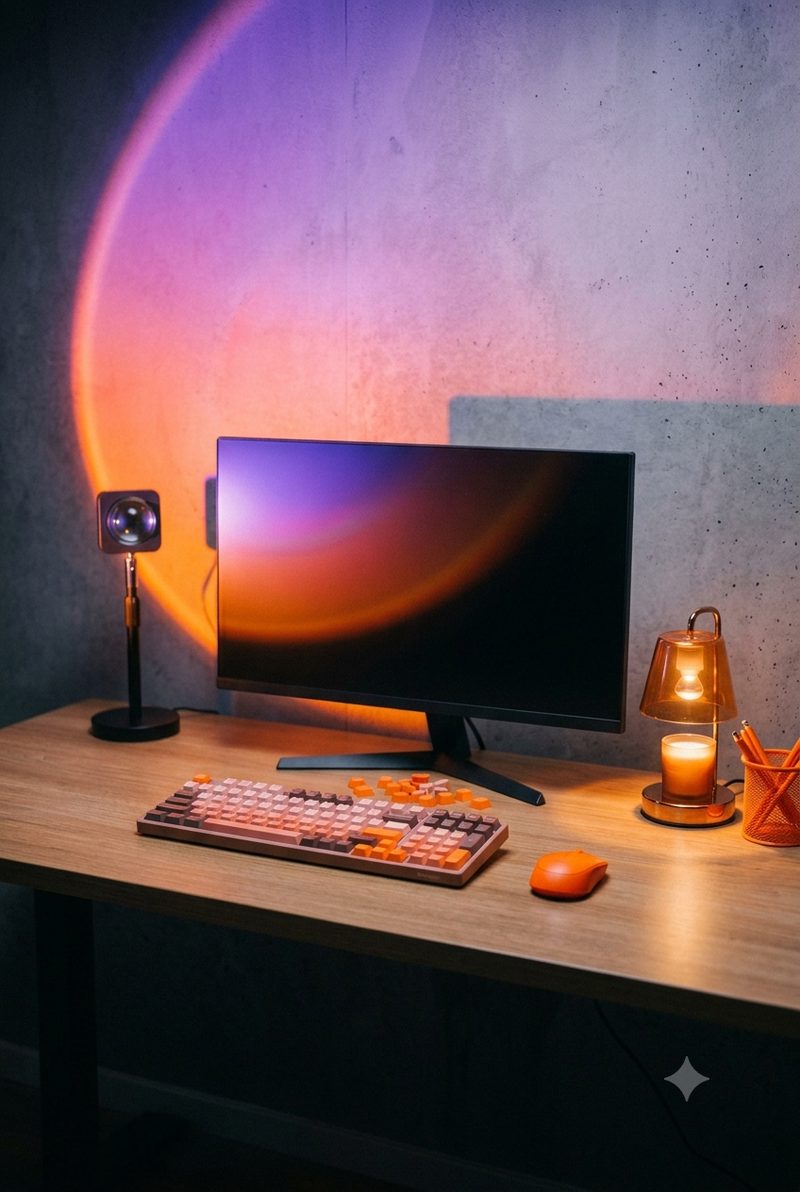 A dim gray room where a projector throws a sunset gradient on the wall, with a pink orange keyboard and an amber candle warmer