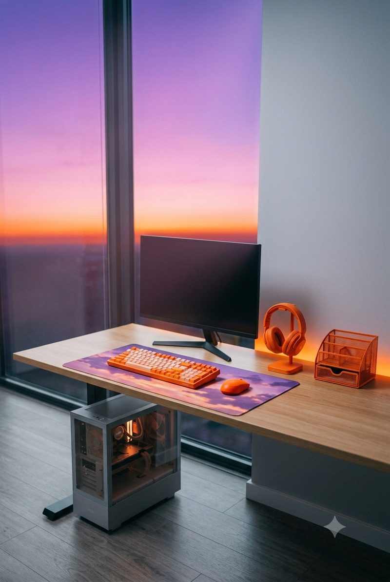 A desk in a gray room beside a window onto a violet to orange sunset, with an orange keyboard, mouse and mesh organizer